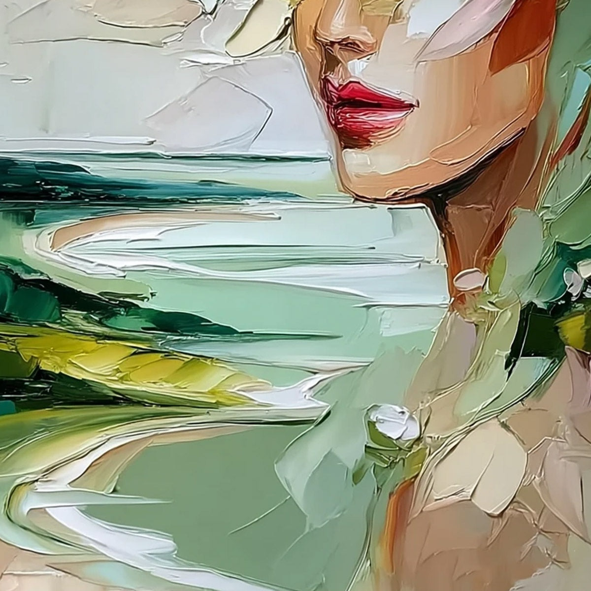 VERDANT REVERIE: Textured Palette Knife Abstract Portrait Painting