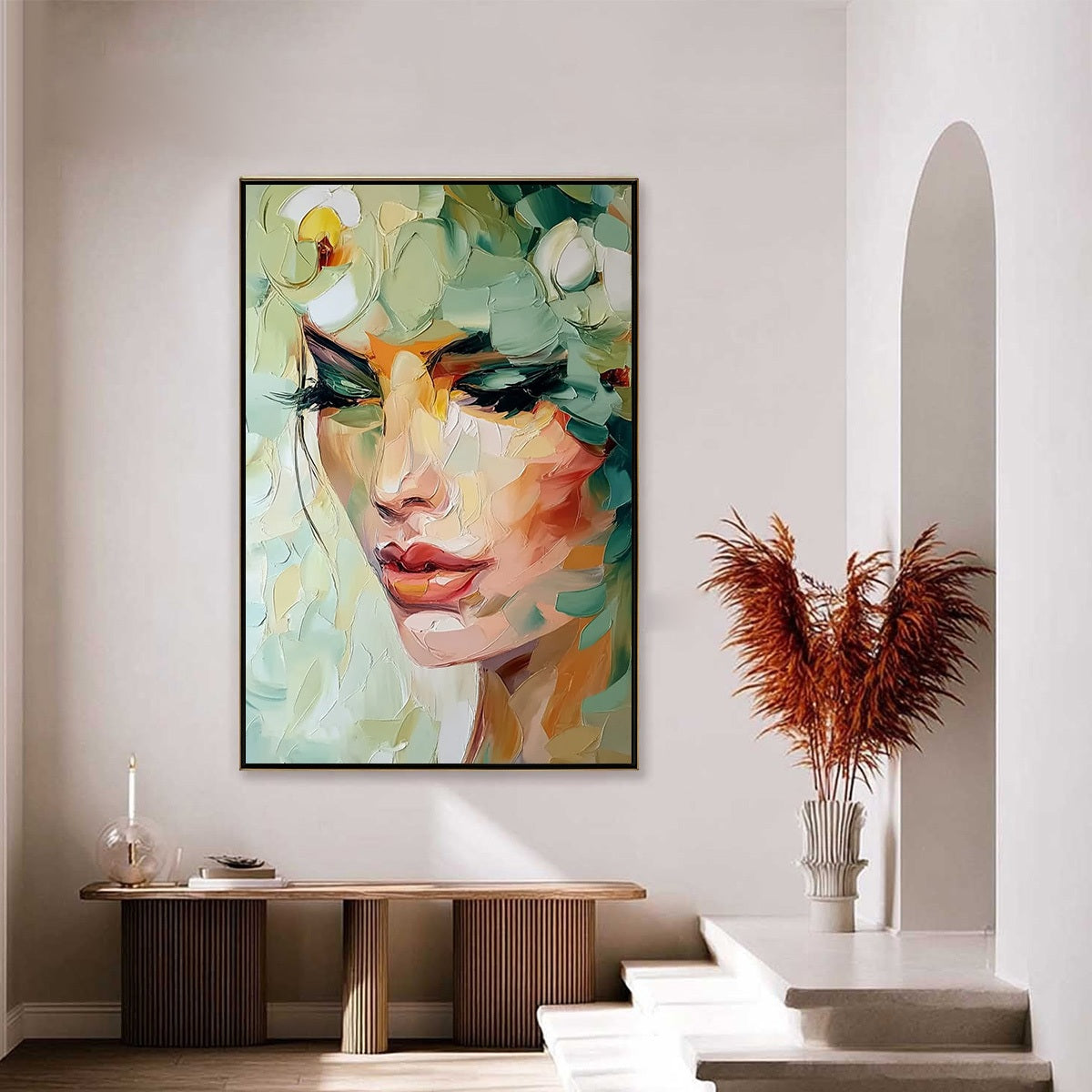 VERDANT REVERIE: Textured Palette Knife Portrait Oil Painting