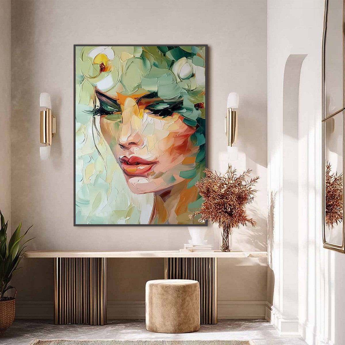 VERDANT REVERIE: Textured Palette Knife Portrait Oil Painting