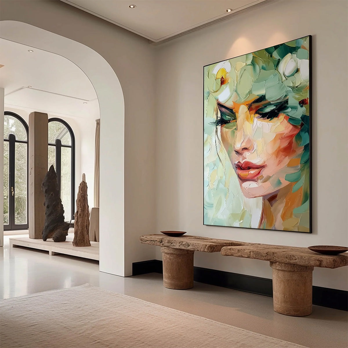 VERDANT REVERIE: Textured Palette Knife Portrait Oil Painting