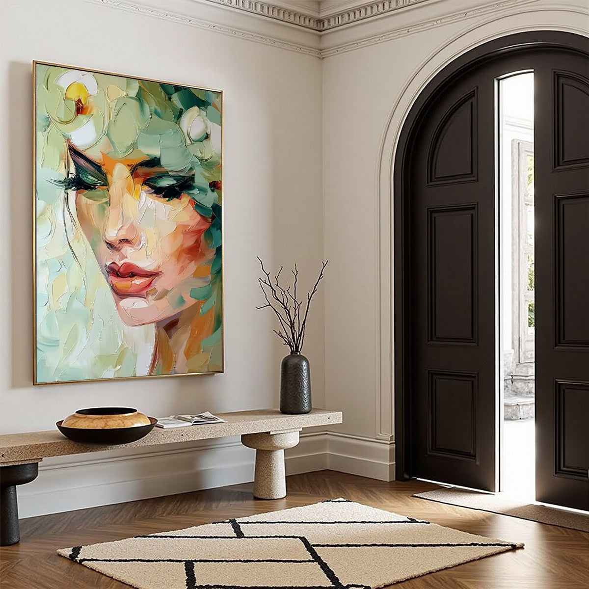 VERDANT REVERIE: Textured Palette Knife Portrait Oil Painting