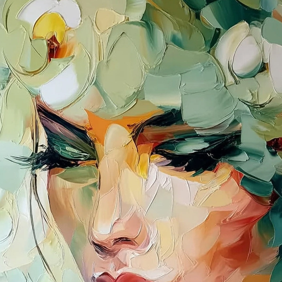 VERDANT REVERIE: Textured Palette Knife Portrait Oil Painting