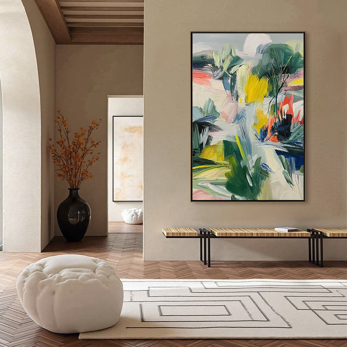 VERDANT RHYTHM: Vibrant Abstract Landscape Oil Painting with Textured Brushstrokes