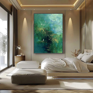 VERDANT SANCTUARY: Abstract Green Forest Landscape with Flying Birds