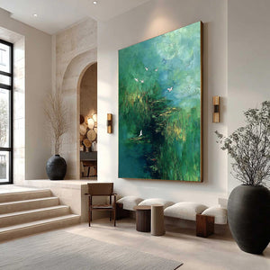 VERDANT SANCTUARY: Abstract Green Forest Landscape with Flying Birds
