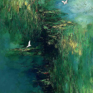 VERDANT SANCTUARY: Abstract Green Forest Landscape with Flying Birds