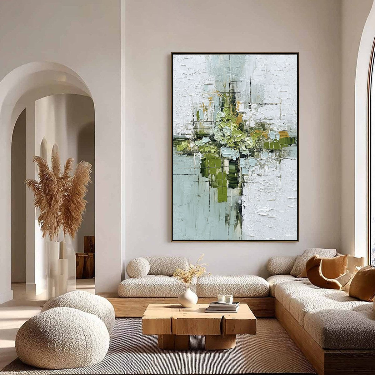 VERDANT SANCTUARY: Heavily Textured Abstract Green and White Painting