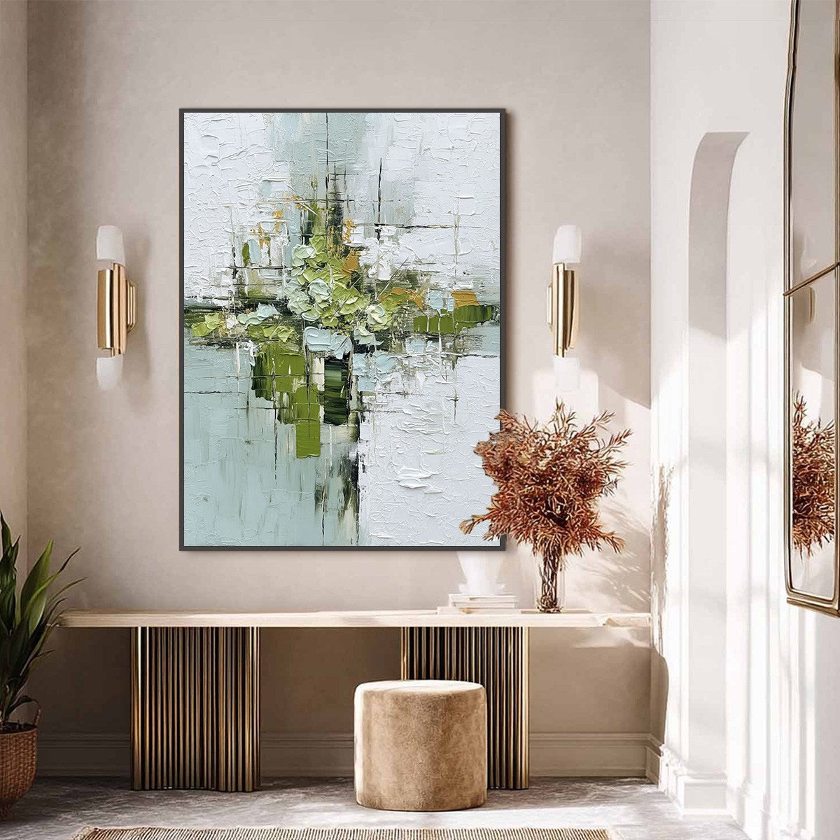 VERDANT SANCTUARY: Heavily Textured Abstract Green and White Painting