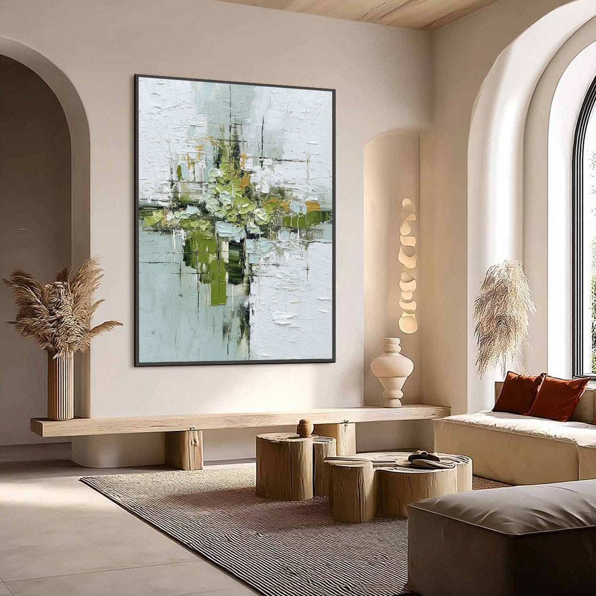 VERDANT SANCTUARY: Heavily Textured Abstract Green and White Painting
