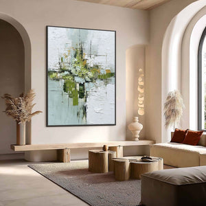 VERDANT SANCTUARY: Heavily Textured Abstract Green and White Painting