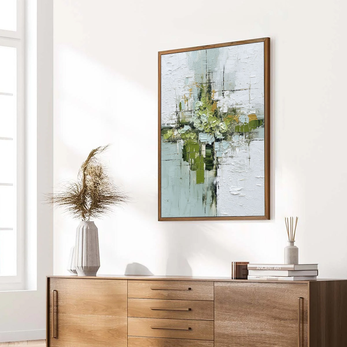 VERDANT SANCTUARY: Heavily Textured Abstract Green and White Painting