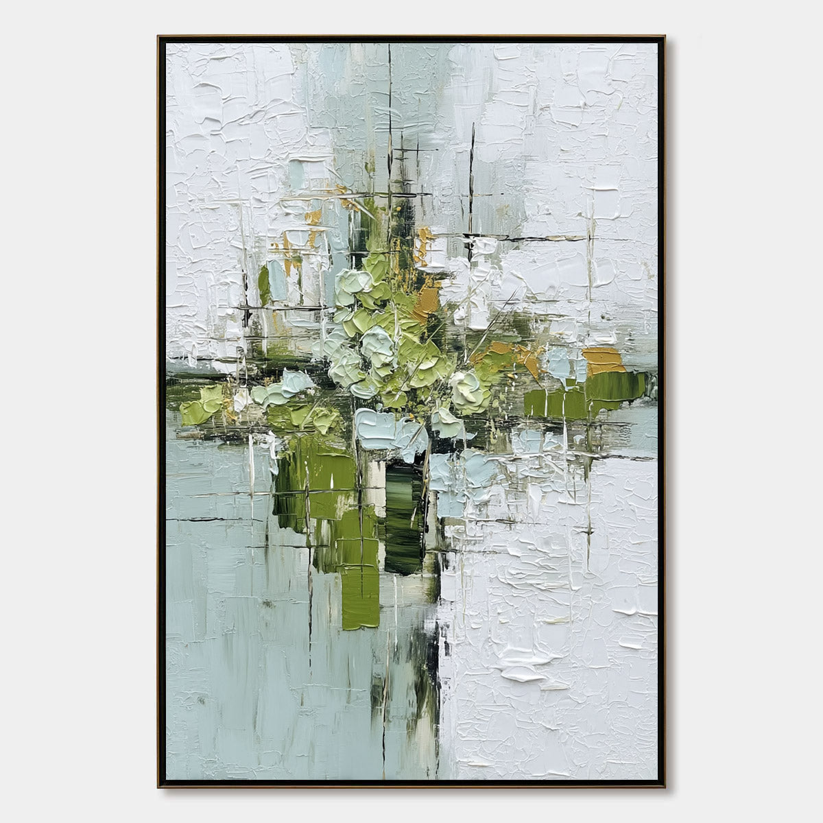 VERDANT SANCTUARY: Heavily Textured Abstract Green and White Painting