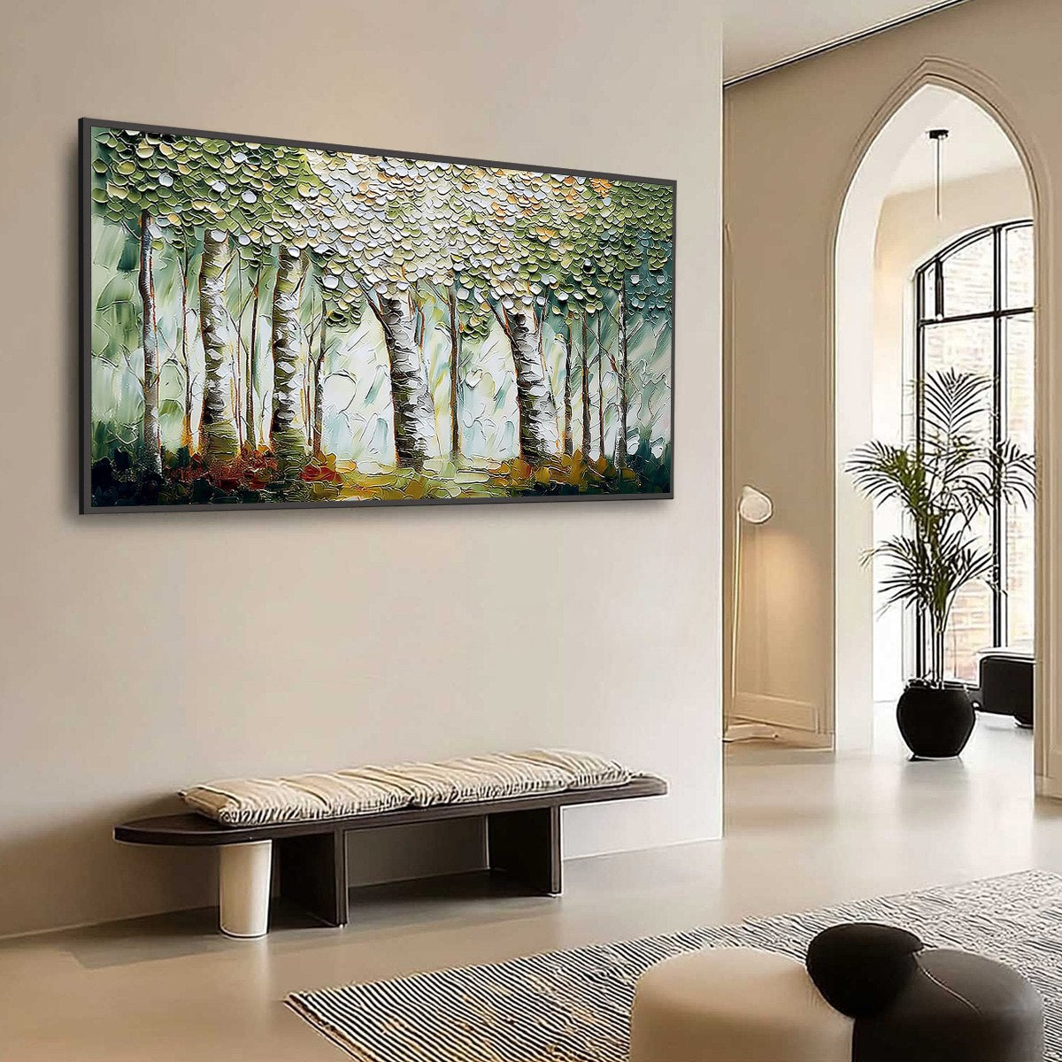 VERDANT SANCTUARY: Textured Impasto Birch Tree Forest Wall Art