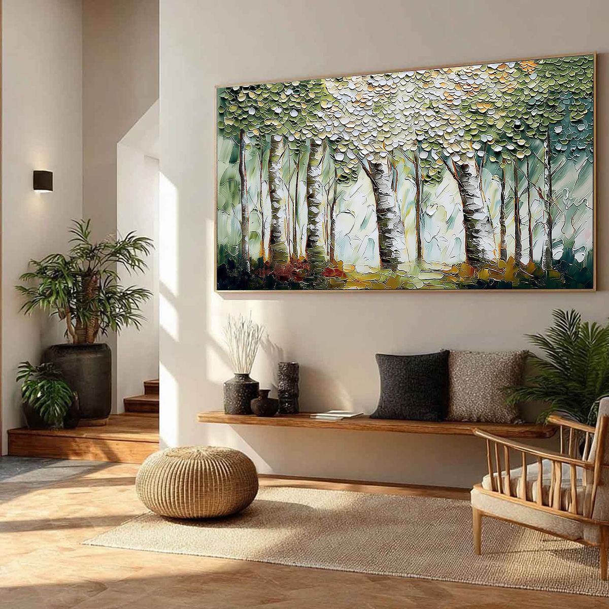 VERDANT SANCTUARY: Textured Impasto Birch Tree Forest Wall Art