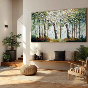 VERDANT SANCTUARY: Textured Impasto Birch Tree Forest Wall Art