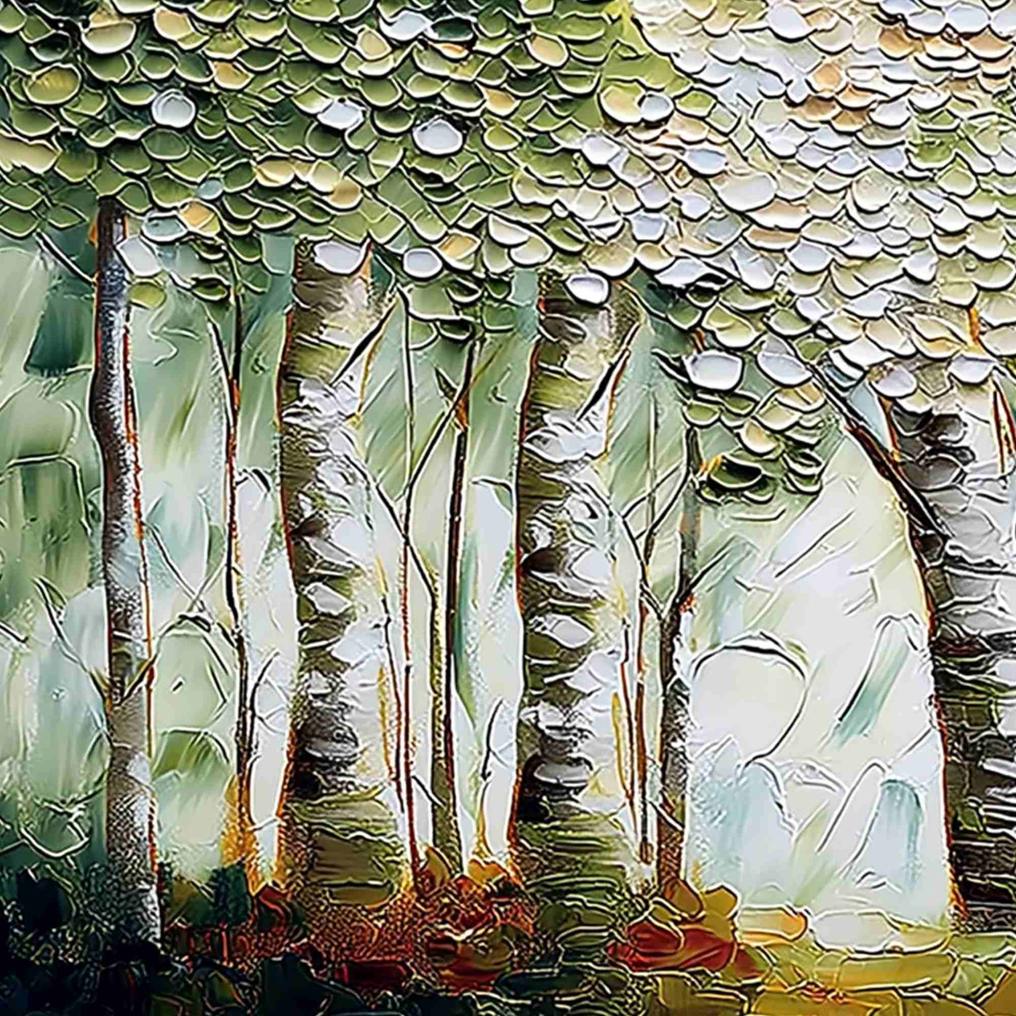VERDANT SANCTUARY: Textured Impasto Birch Tree Forest Wall Art