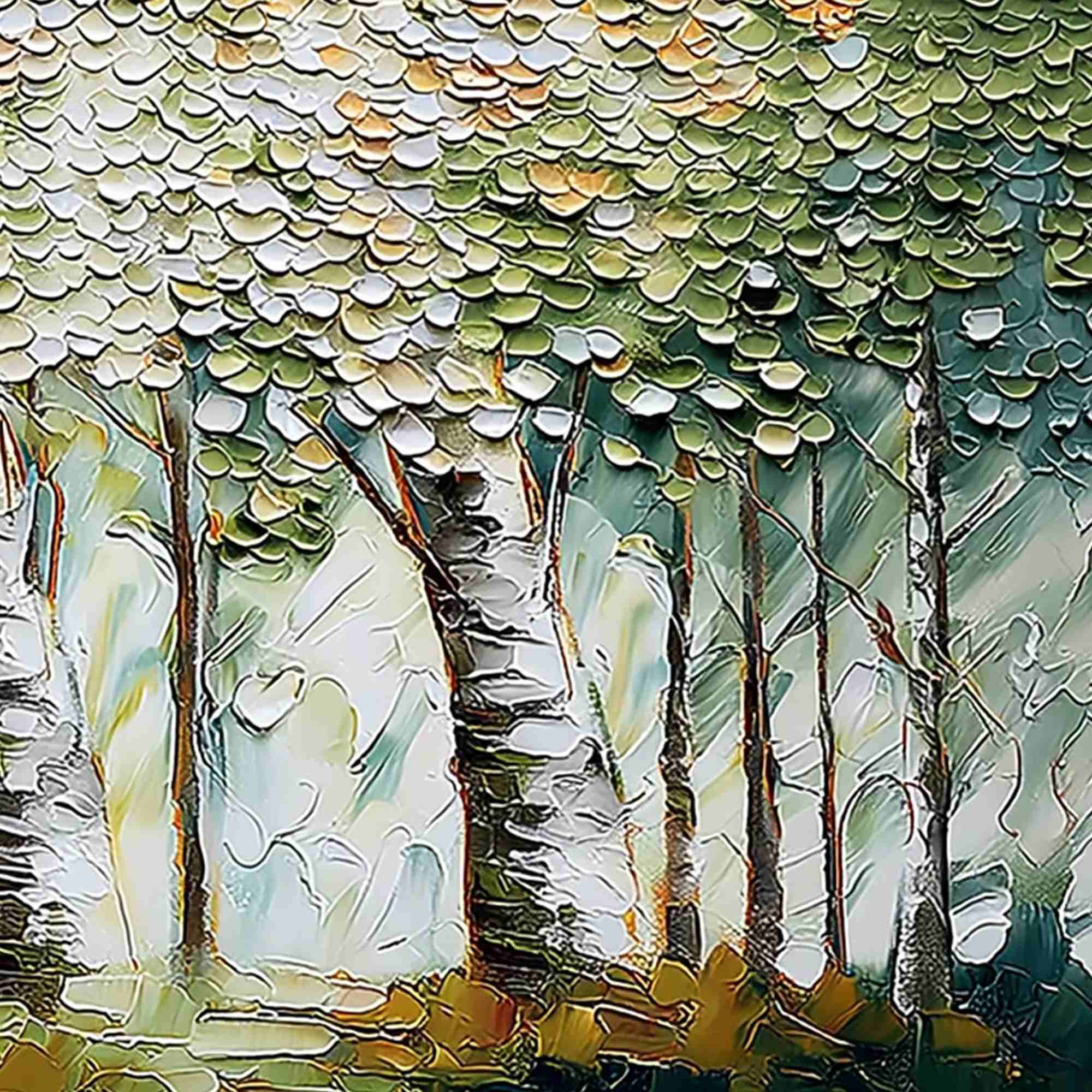 VERDANT SANCTUARY: Textured Impasto Birch Tree Forest Wall Art