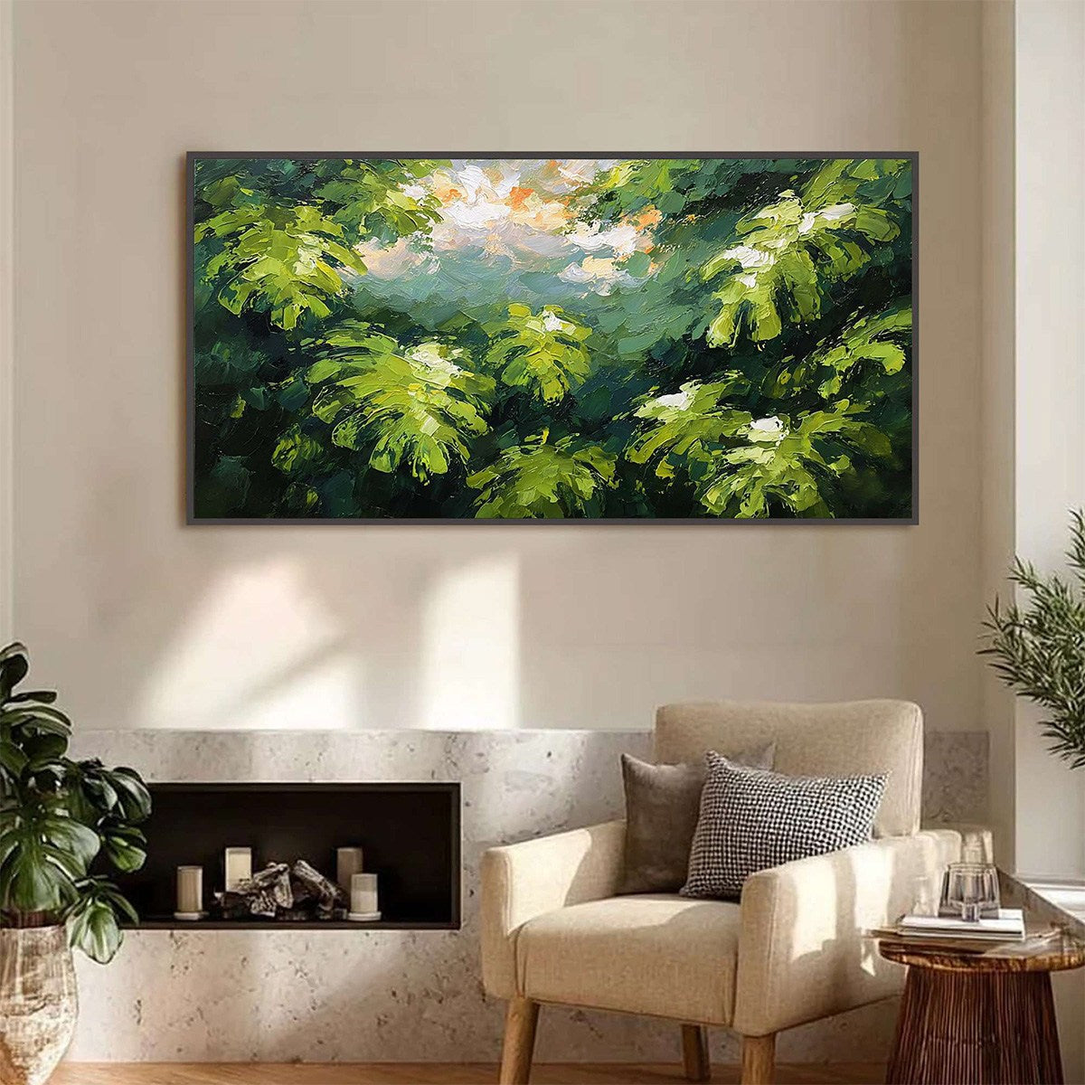 VERDANT SANCTUARY: Textured Impasto Painting of Sun-Kissed Jungle Leaves