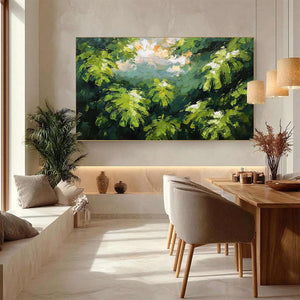 VERDANT SANCTUARY: Textured Impasto Painting of Sun-Kissed Jungle Leaves