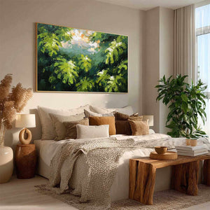 VERDANT SANCTUARY: Textured Impasto Painting of Sun-Kissed Jungle Leaves