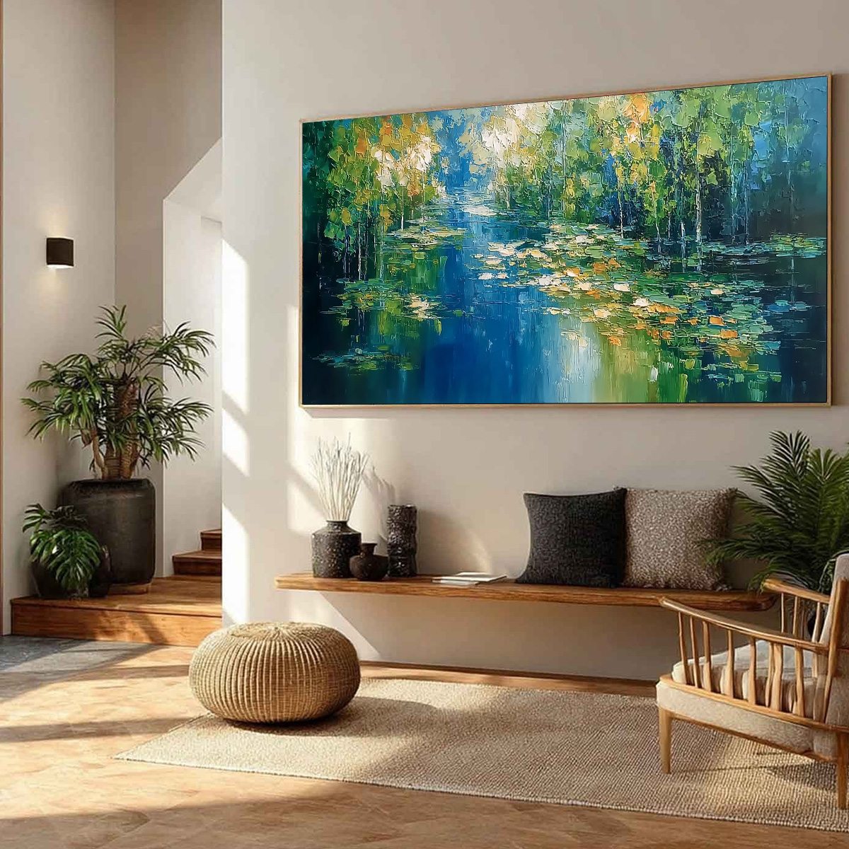 VERDANT SANCTUARY: Textured Palette Knife Forest Pond Landscape Painting