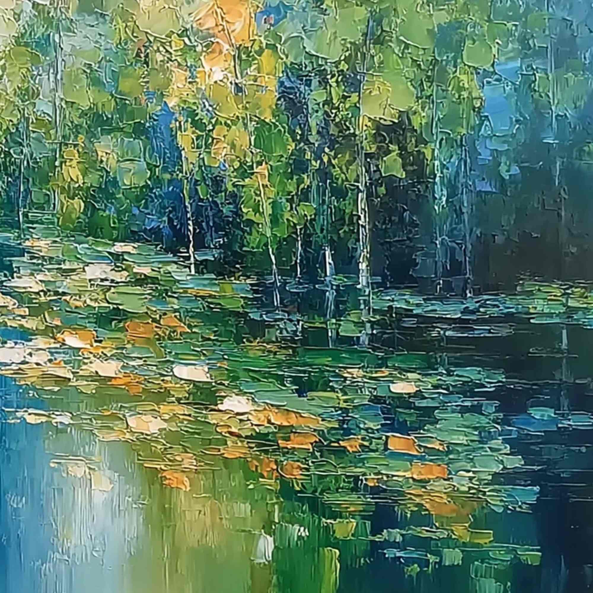 VERDANT SANCTUARY: Textured Palette Knife Forest Pond Landscape Painting