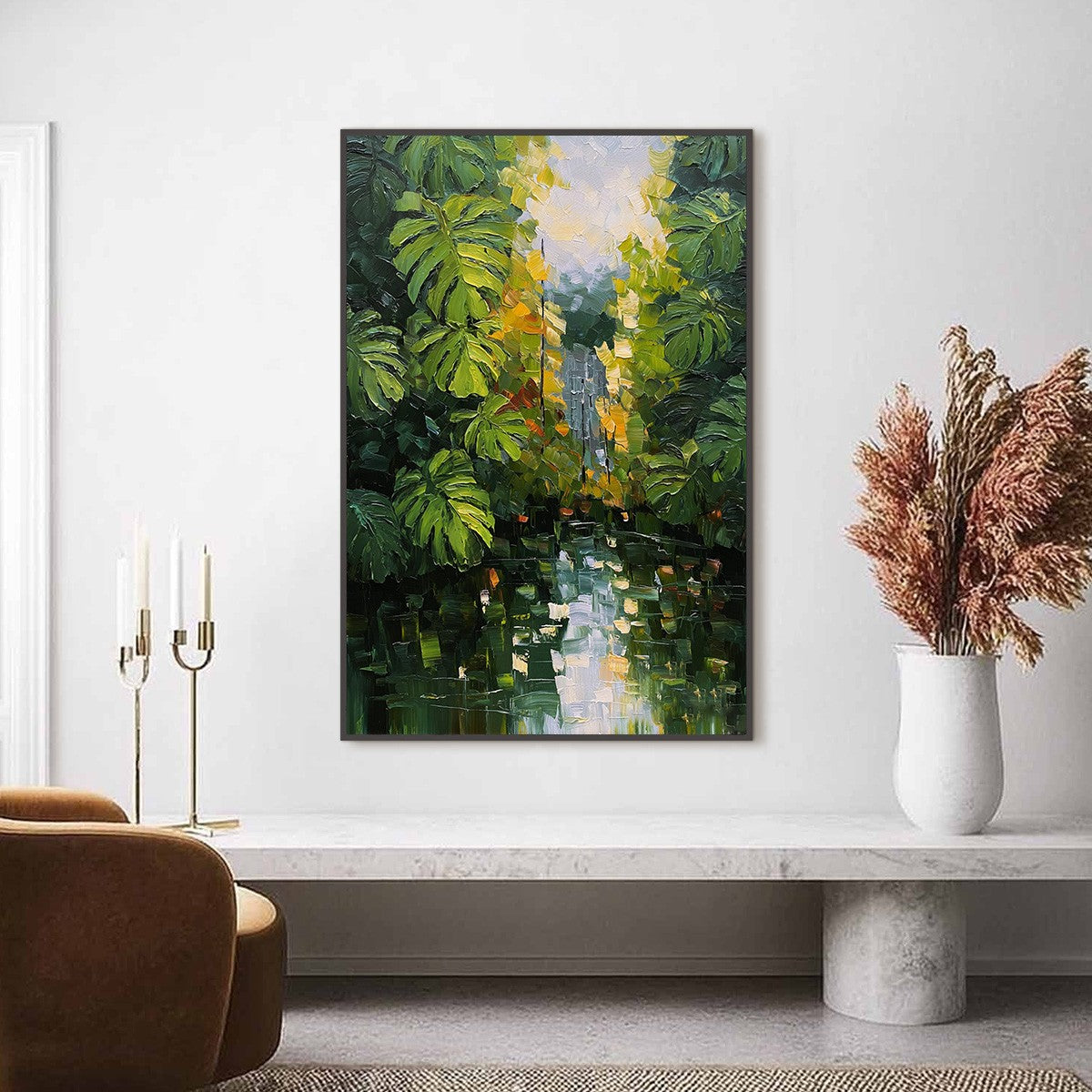 VERDANT SANCTUARY: Textured Palette Knife Painting of a Lush Jungle Oasis