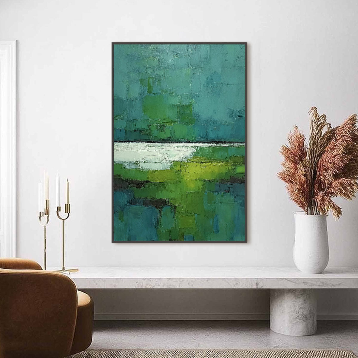 VERDANT SHORE: Textured Green and Teal Abstract Landscape Painting