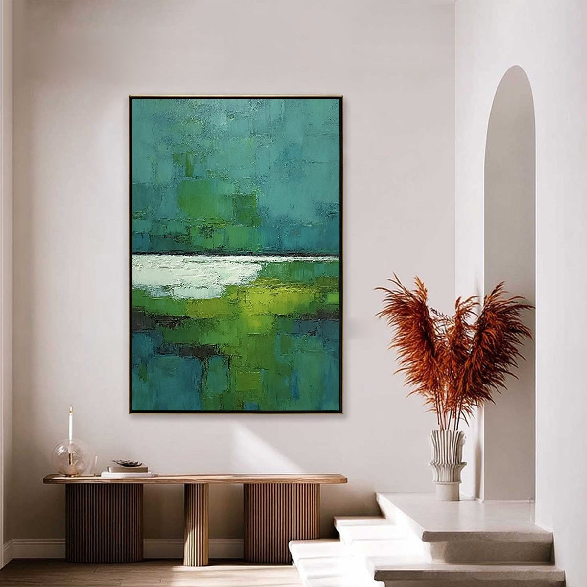 VERDANT SHORE: Textured Green and Teal Abstract Landscape Painting