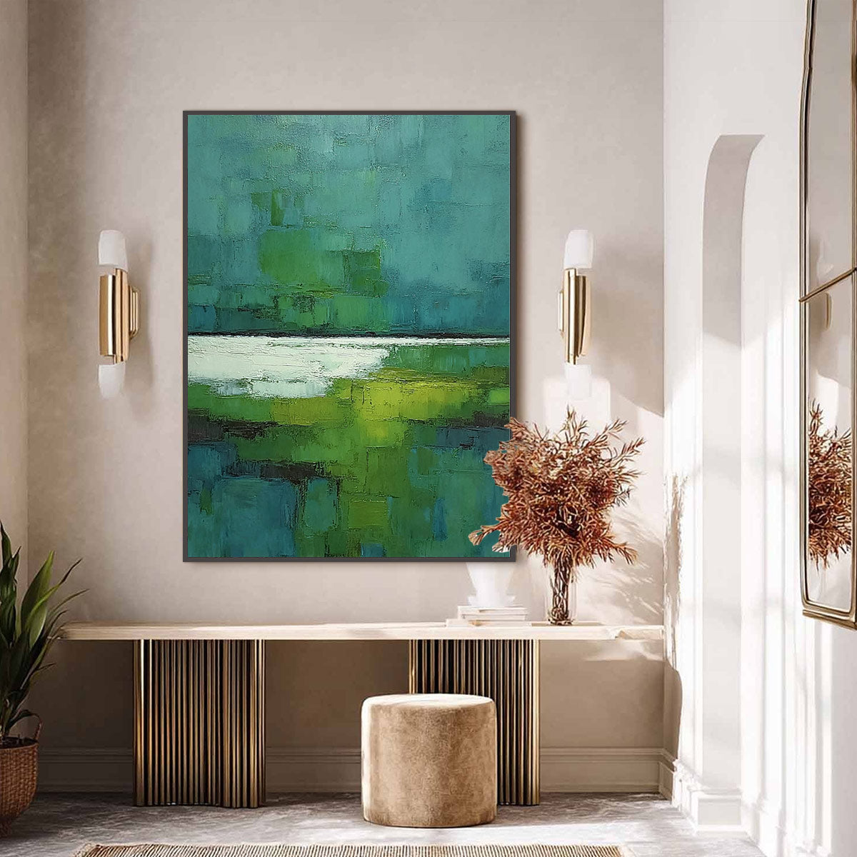 VERDANT SHORE: Textured Green and Teal Abstract Landscape Painting