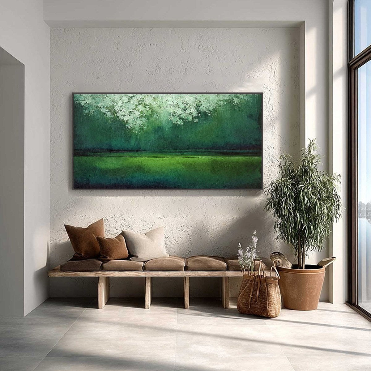 VERDANT STILLNESS: Large Green Abstract Landscape Texture Painting