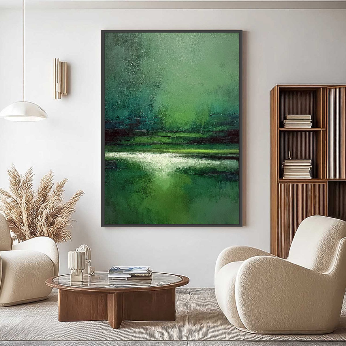 VERDANT STILLNESS: Textured Green Abstract Landscape Oil Painting
