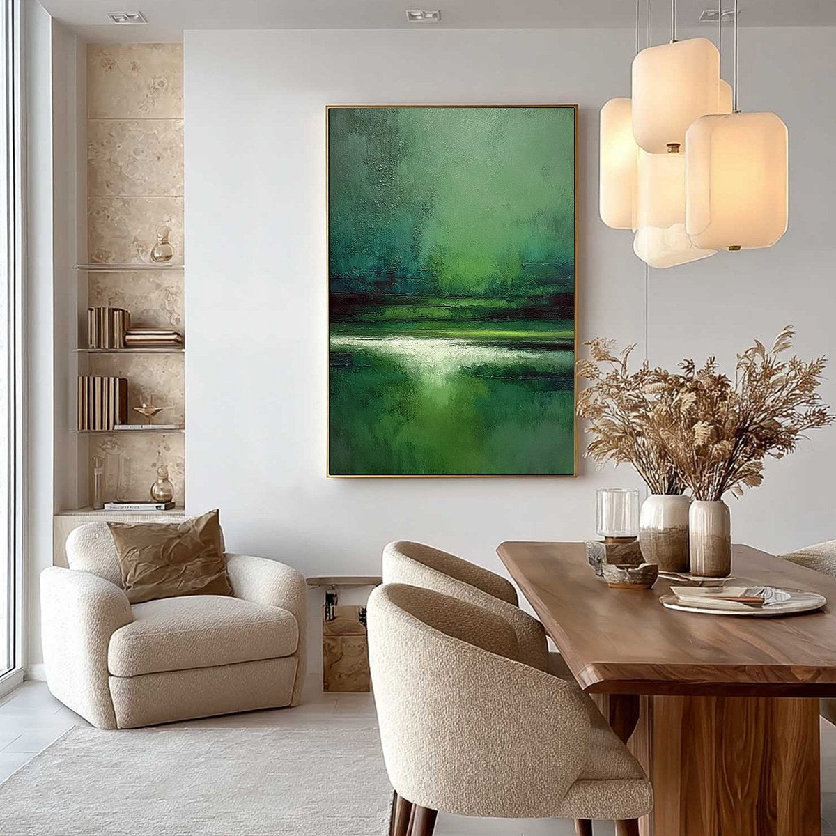 VERDANT STILLNESS: Textured Green Abstract Landscape Oil Painting