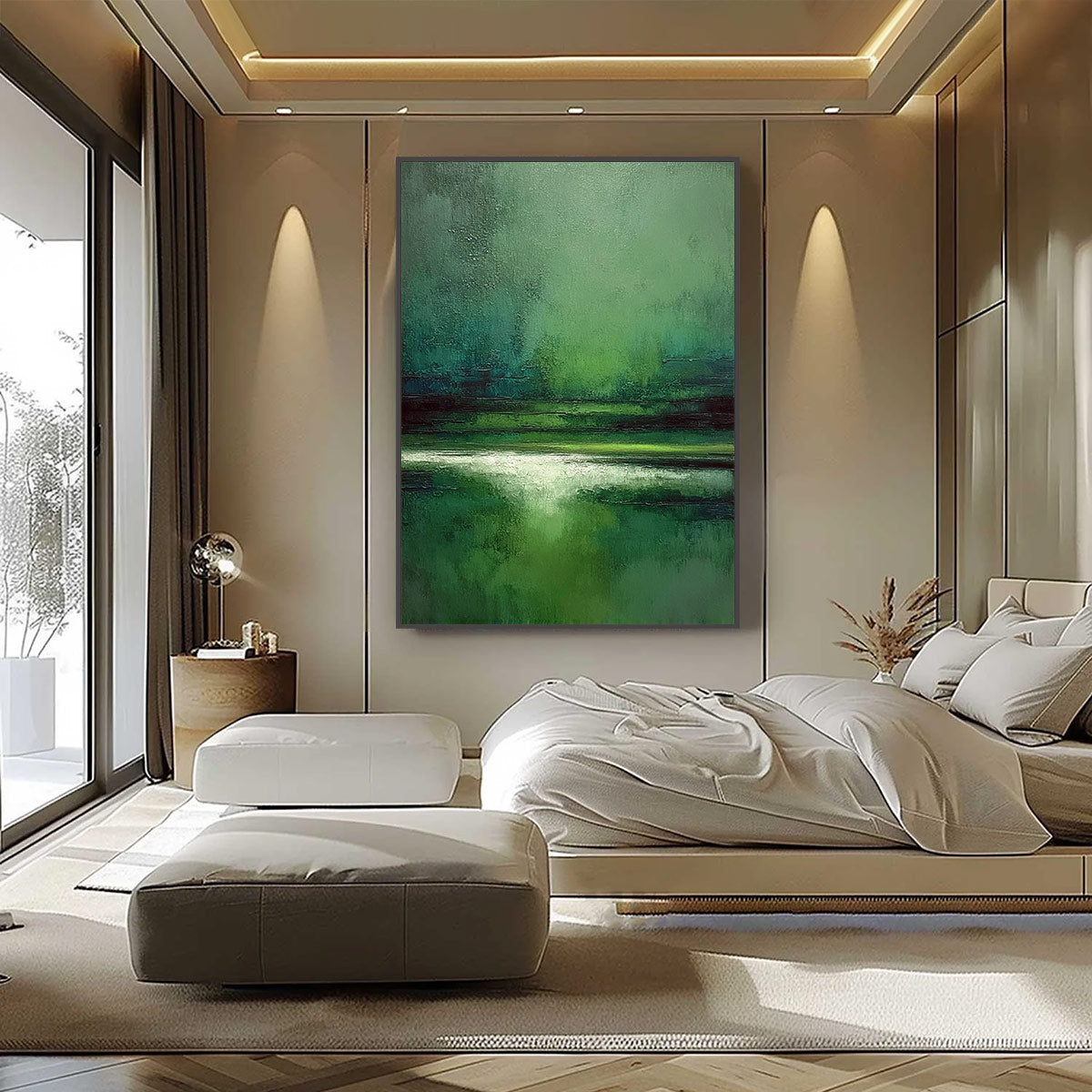 VERDANT STILLNESS: Textured Green Abstract Landscape Oil Painting