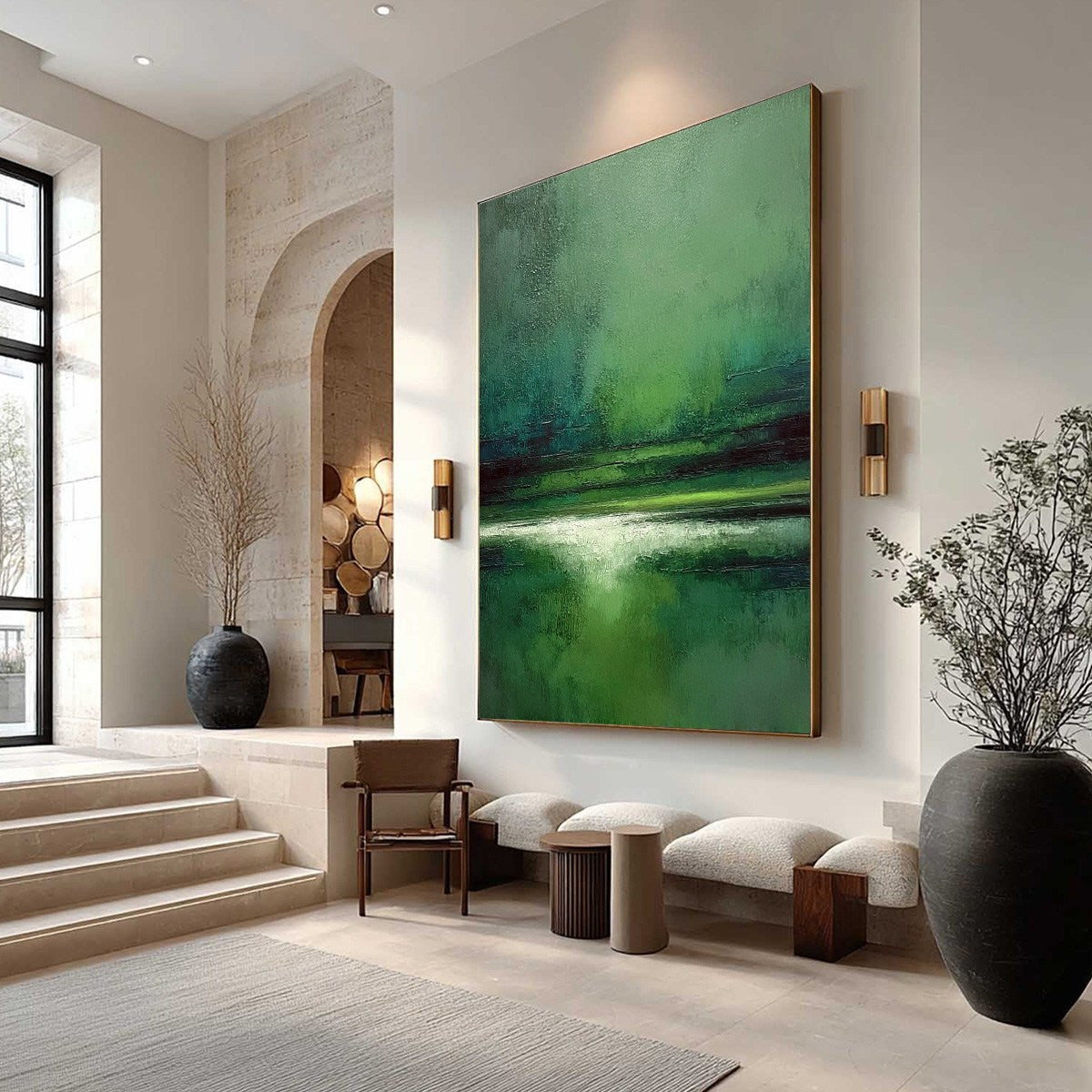 VERDANT STILLNESS: Textured Green Abstract Landscape Oil Painting