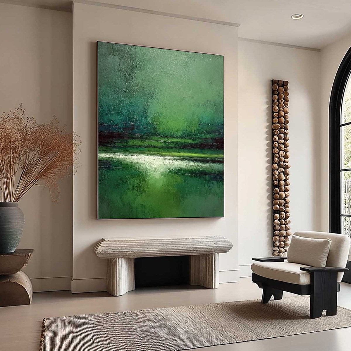 VERDANT STILLNESS: Textured Green Abstract Landscape Oil Painting