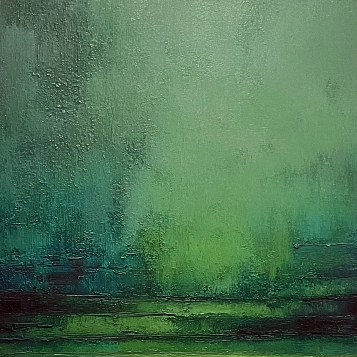 VERDANT STILLNESS: Textured Green Abstract Landscape Oil Painting