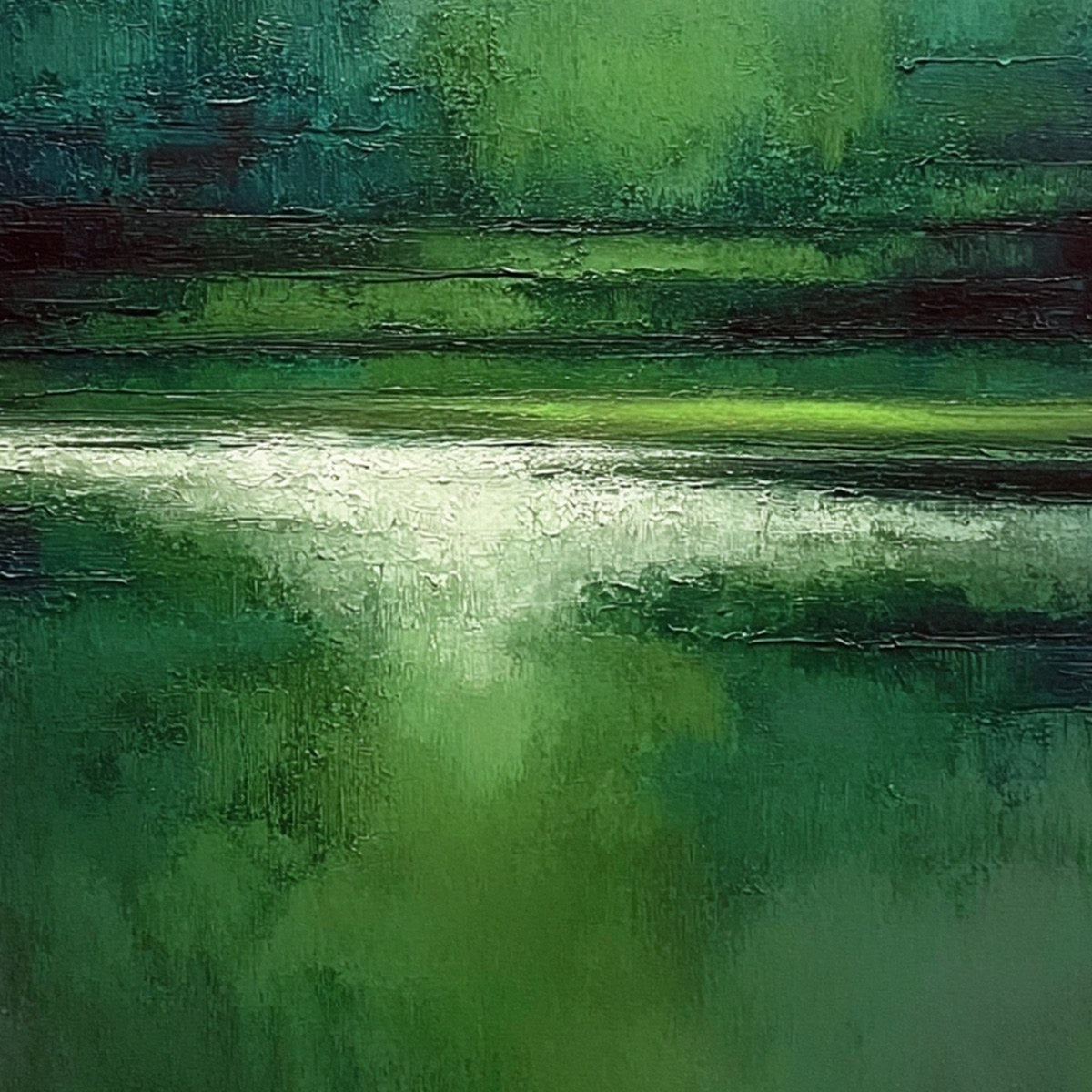 VERDANT STILLNESS: Textured Green Abstract Landscape Oil Painting