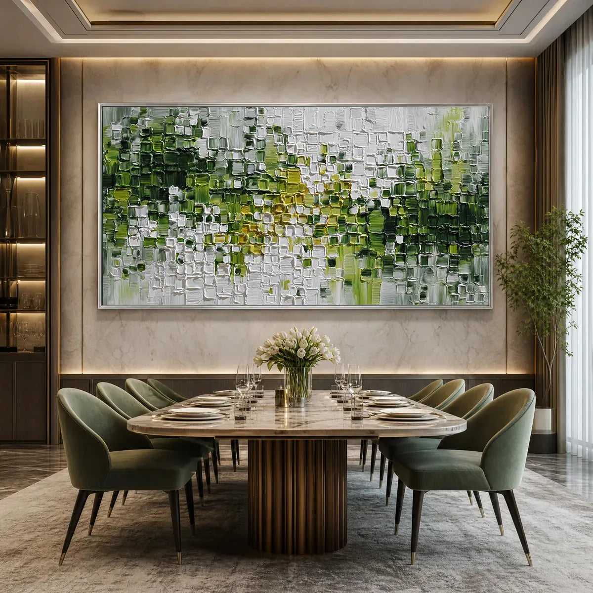 Verdant textured green and white abstract impasto painting above modern dining table