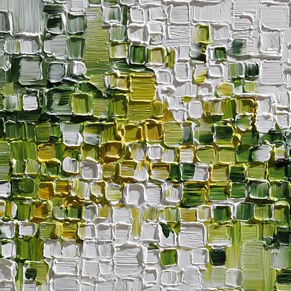 Textured green and white abstract impasto painting with thick palette knife strokes