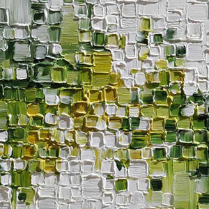 Textured green and white abstract impasto painting with thick palette knife strokes