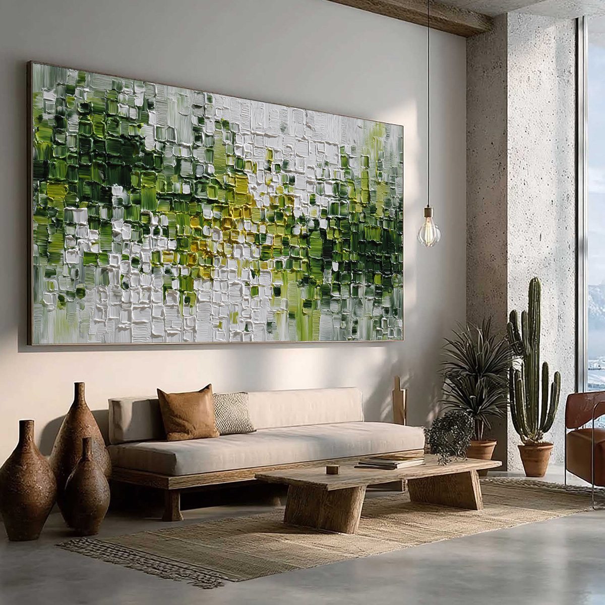 VERDANT: Textured Green and White Abstract Impasto Painting