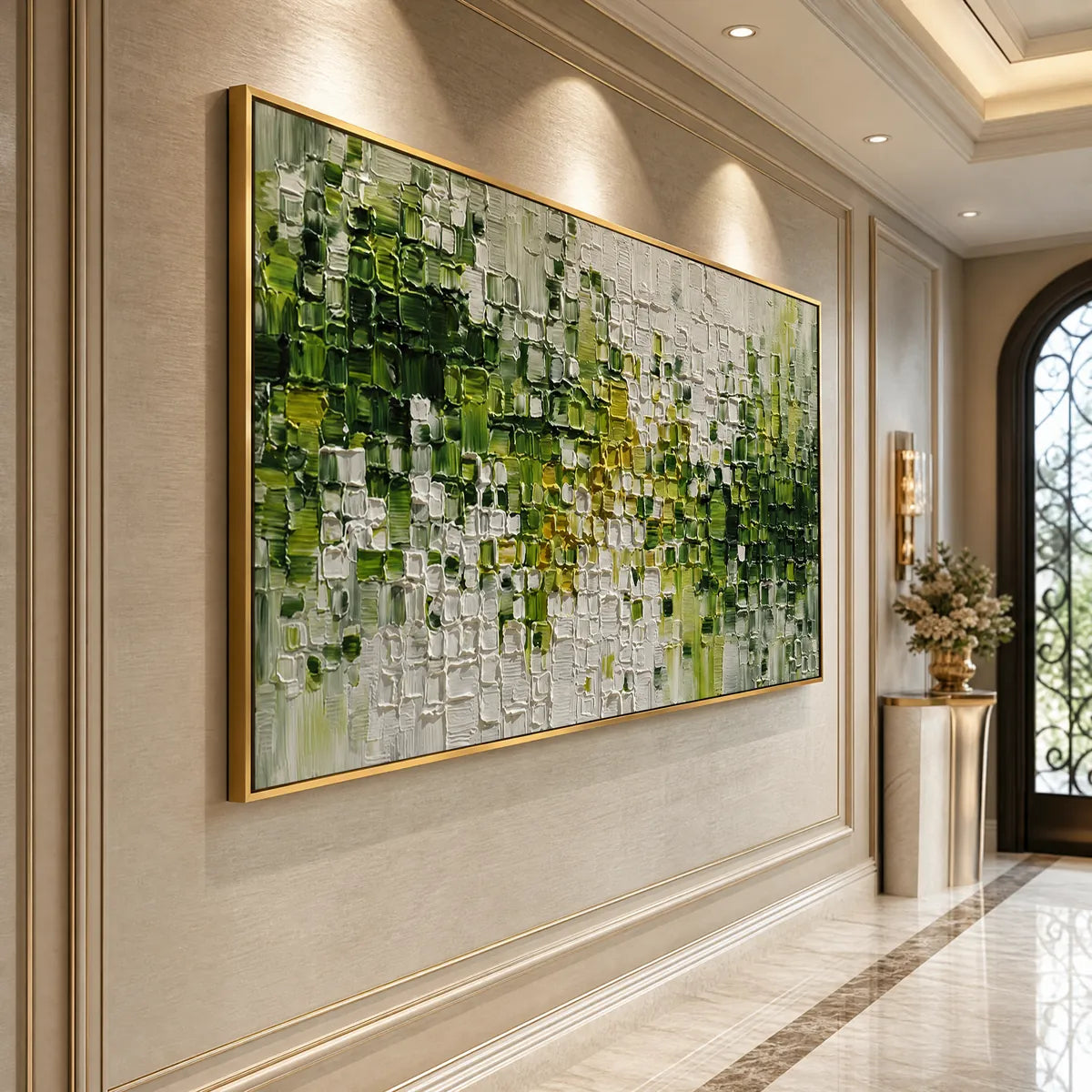 Green and white textured abstract impasto wall art in gold frame