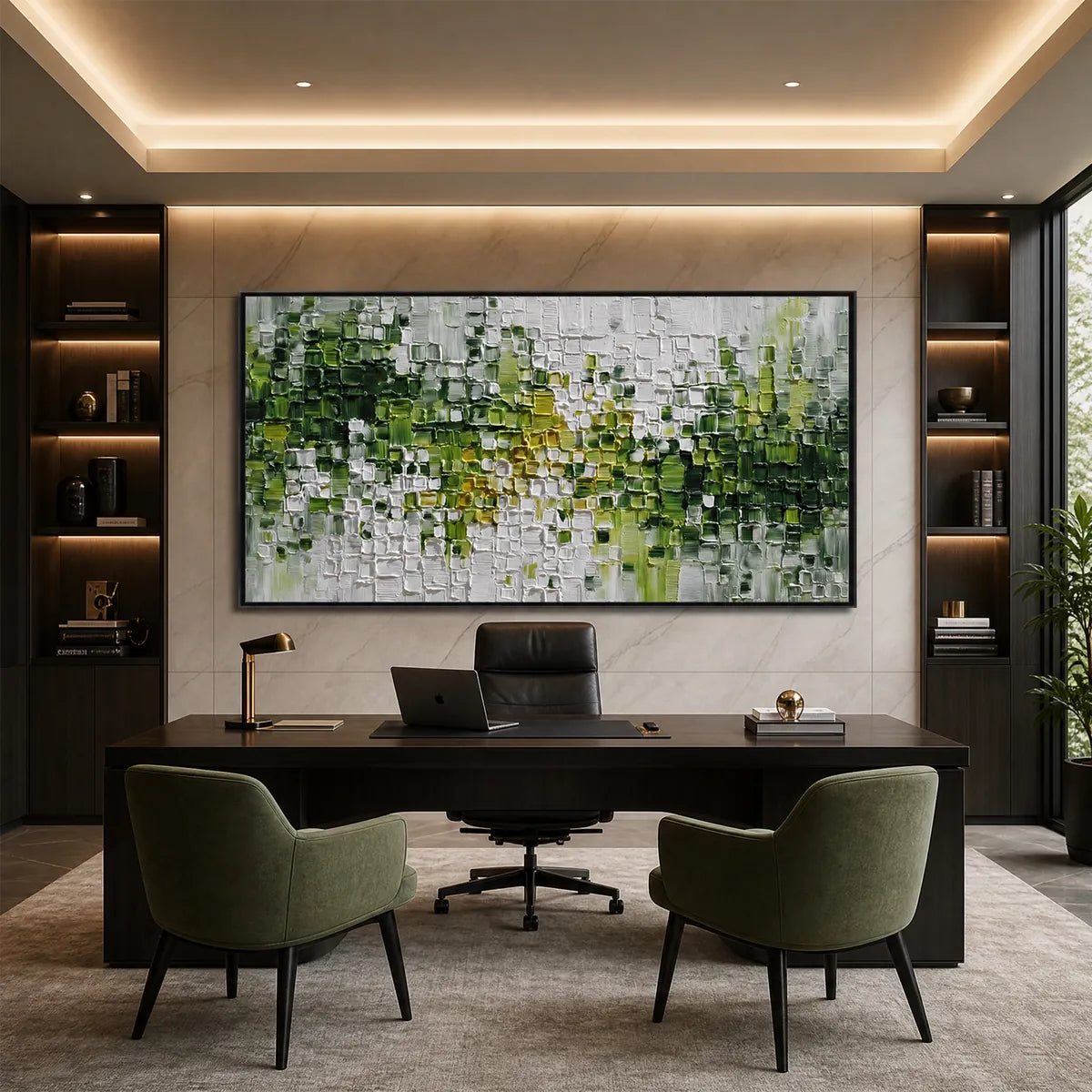 Textured green and white abstract impasto painting in a modern office