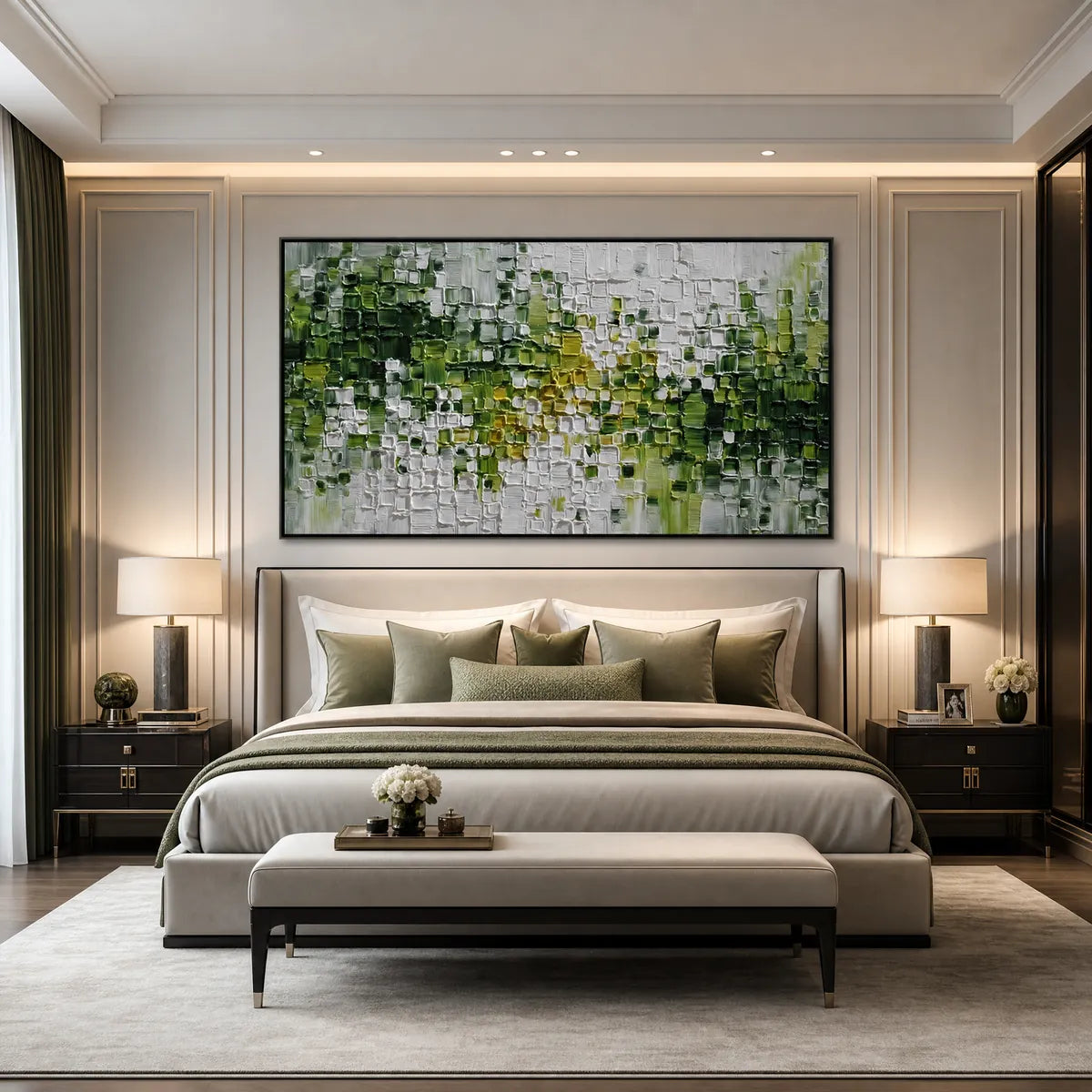 Textured green and white abstract impasto painting above a modern bedroom bed