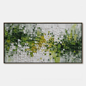 Verdant textured green and white abstract impasto wall art with gold accents