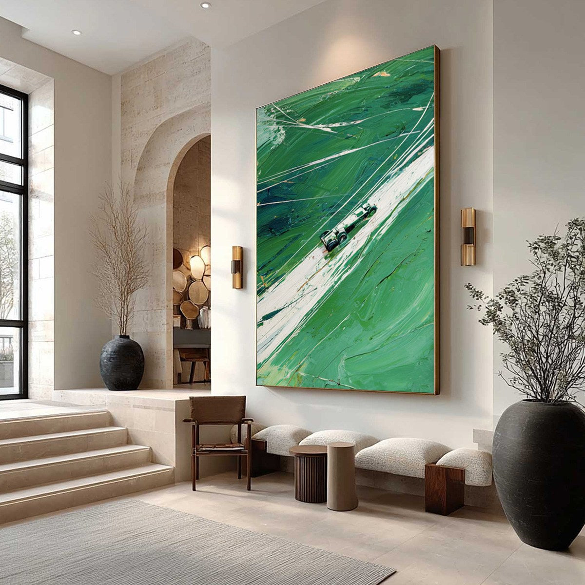 VERDANT VELOCITY: Textured Impasto Painting of a Vintage Racing Car