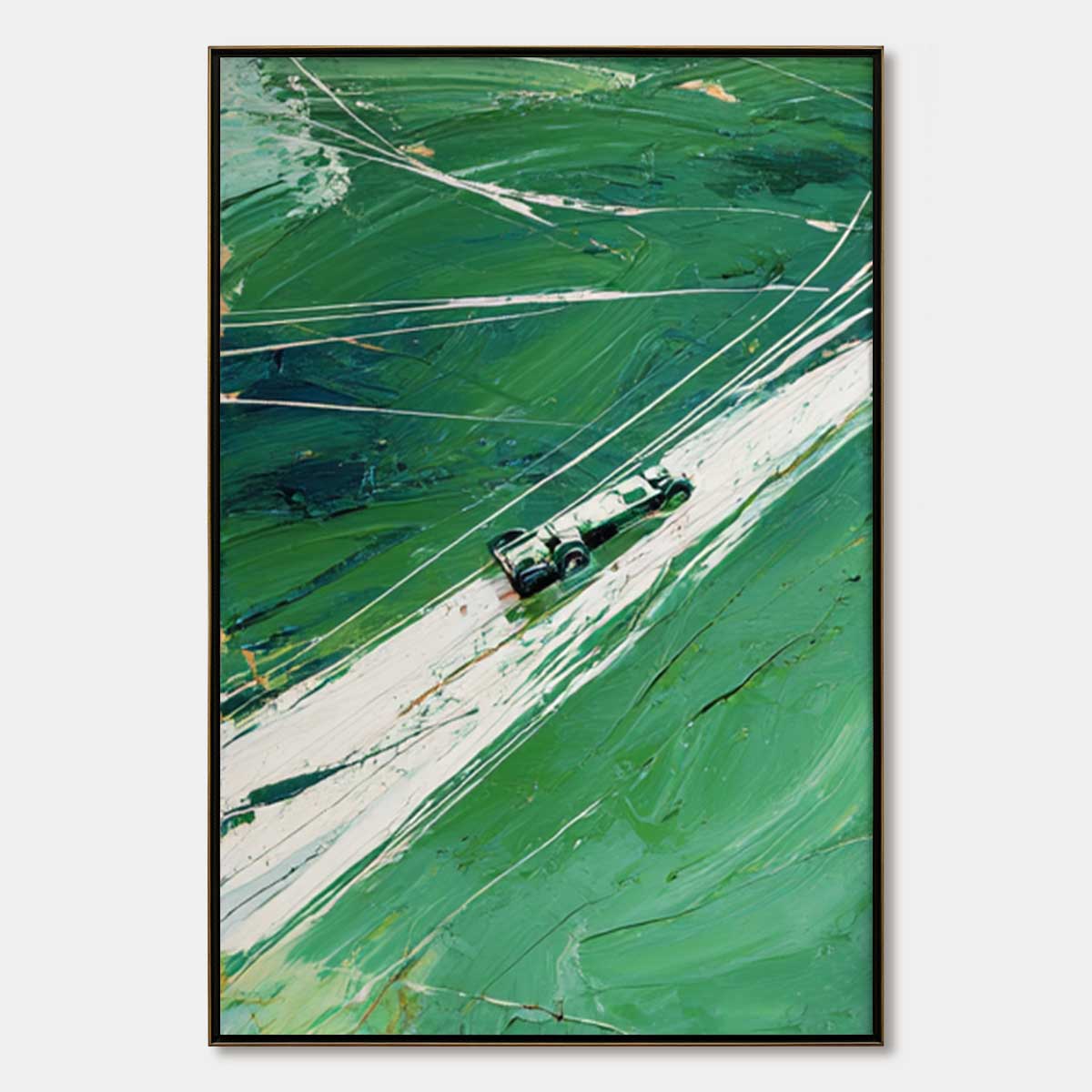 VERDANT VELOCITY: Textured Impasto Painting of a Vintage Racing Car