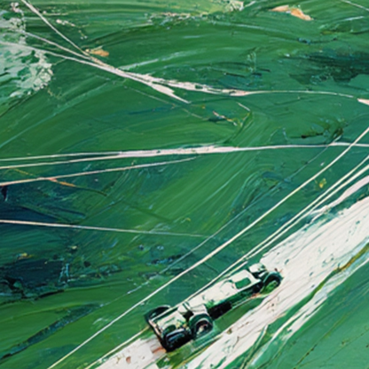 VERDANT VELOCITY: Textured Impasto Painting of a Vintage Racing Car