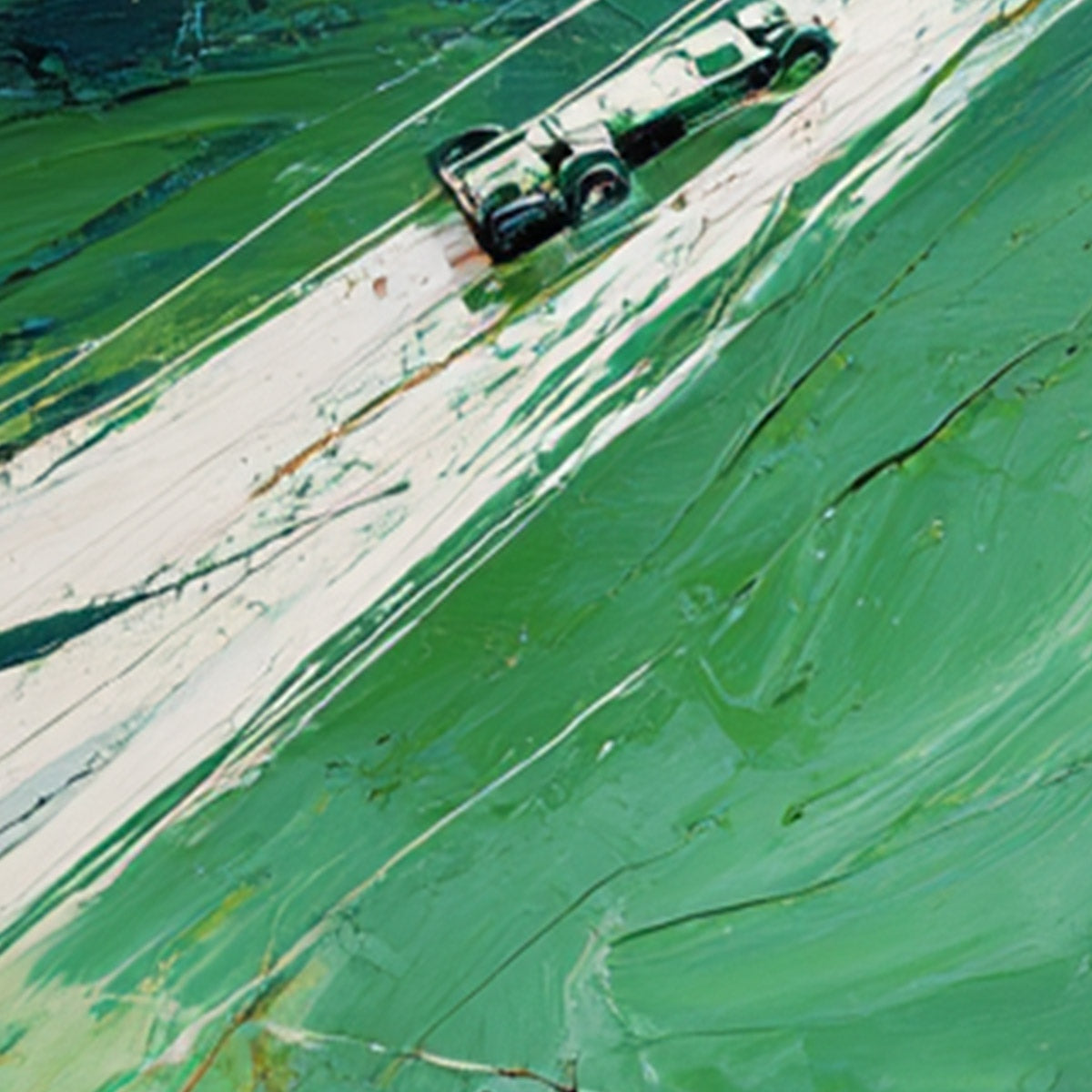 VERDANT VELOCITY: Textured Impasto Painting of a Vintage Racing Car